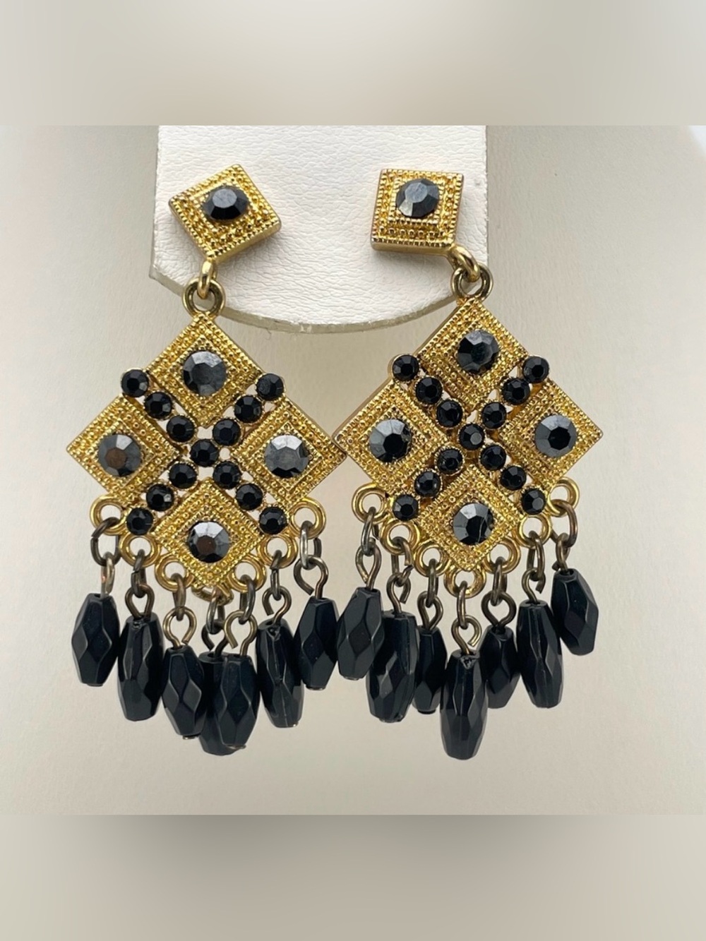 Vintage Inspired Gold Tone Black Bead Chandelier Dangle Earrings